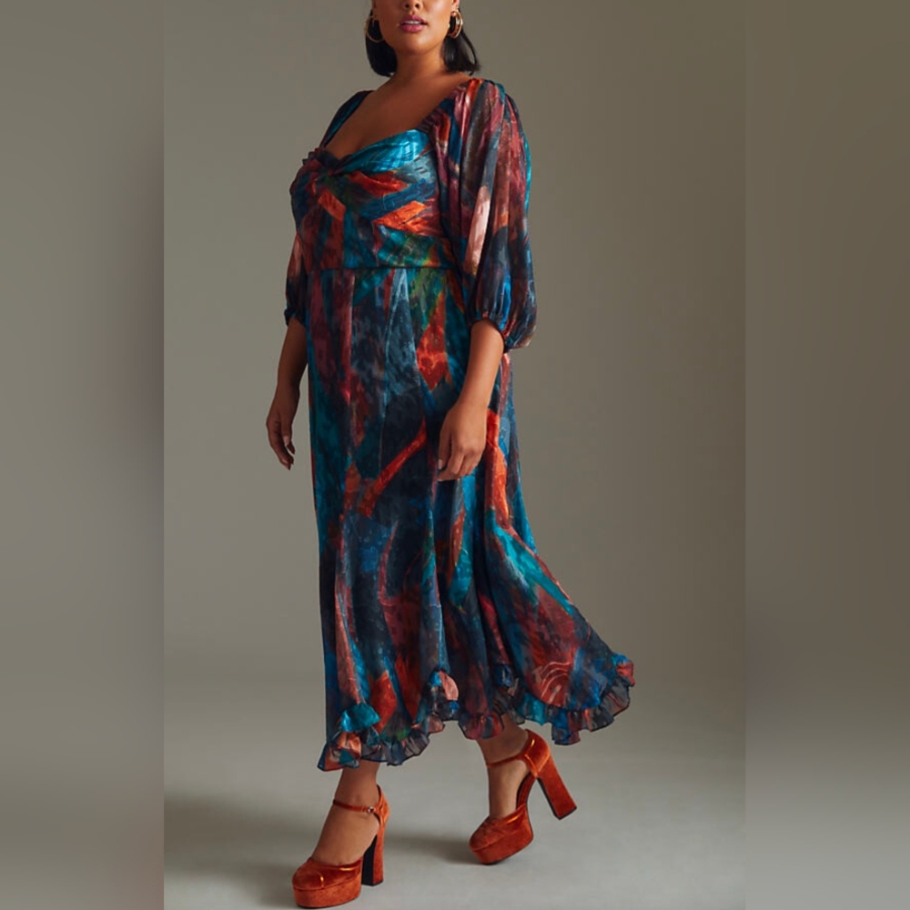NWOT Anthropologie Hutch Printed Twist-Front Puff-Sleeve Ruffle-Hem Dress  12P - Picture 2 of 6